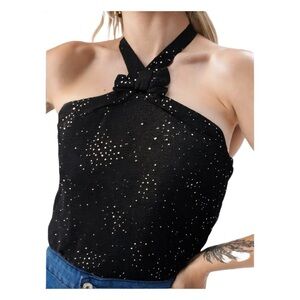 Jacob Black Halter with Glitter Star Pattern & Bow Neckline Size Small
